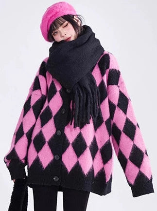 Pink Diamond Check Lazy Style Mohair V-Neck Knit Cardigan