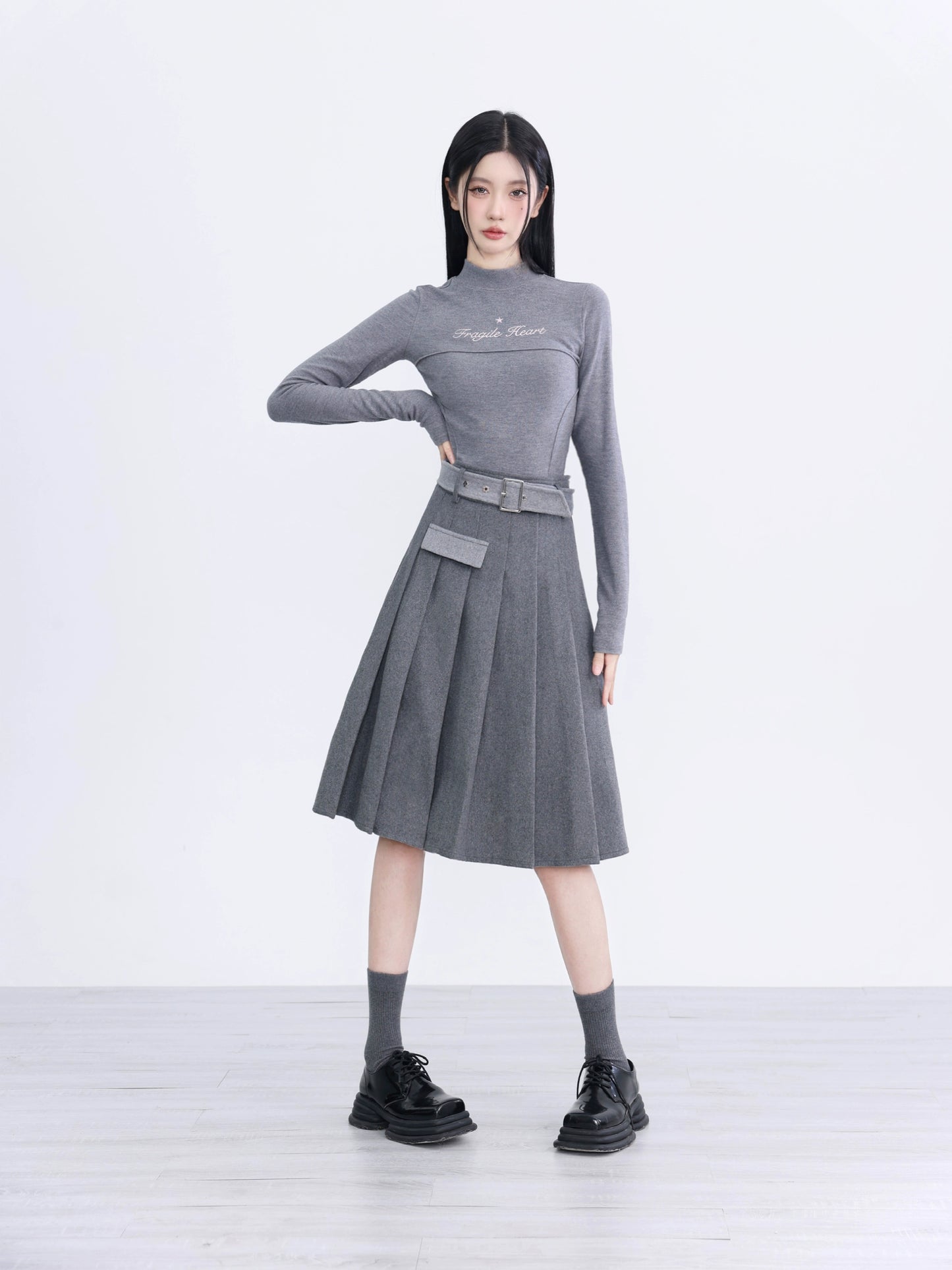 Retro Spliced Gray Pleated Skirt