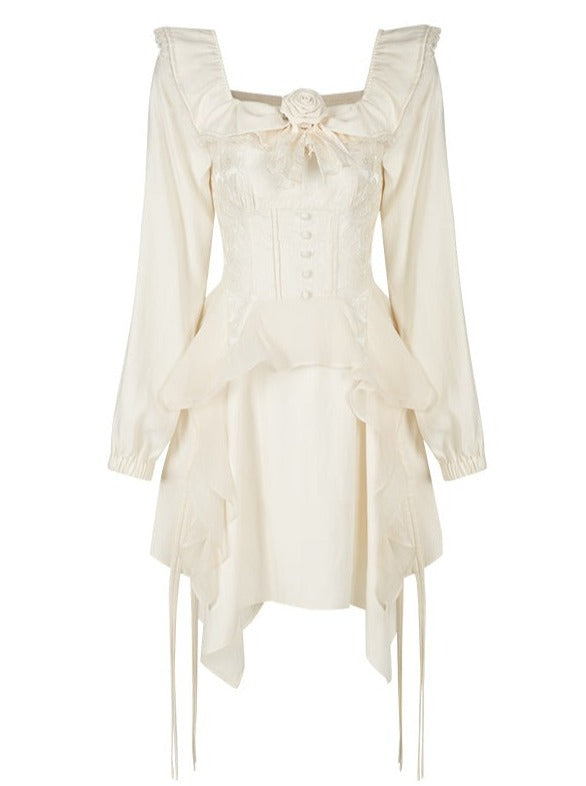 ベージュスクエアネックパフスリーブロマンティックホワイトローズワンピース