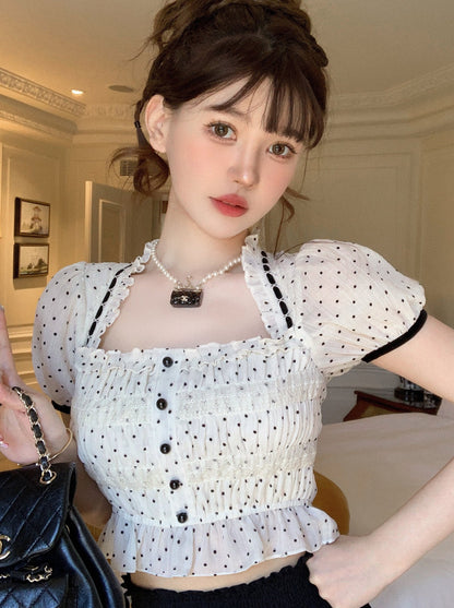 French Dot Stitch Lace Ruffle Design Chiffon Shirt