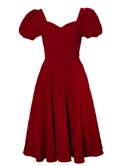 Wine Red Puff Sleeve Crinkle French Dress 