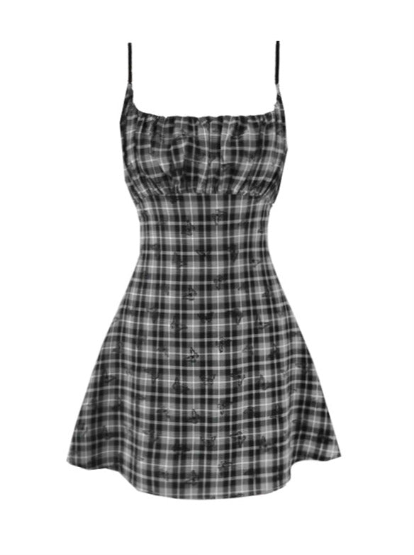 Square neck check butterfly French sass dress