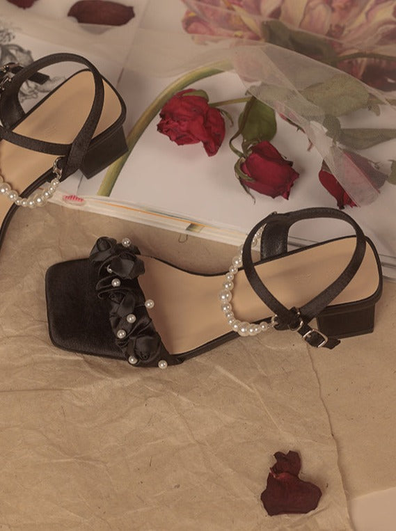 Black Rose Flower Pearl Sandals