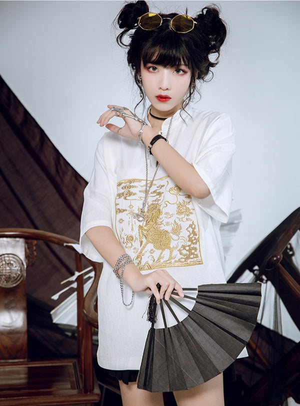 サマーゴールドアートデザインチャイナTシャツ