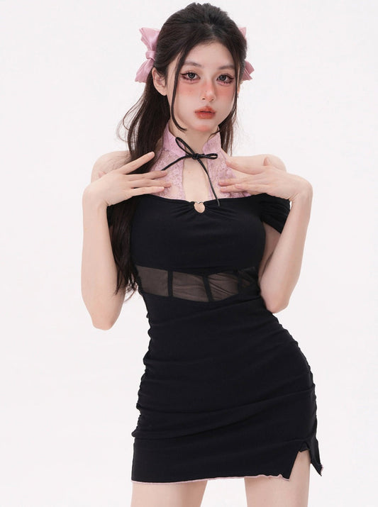 チャイナリボンネックショルダーワンピース