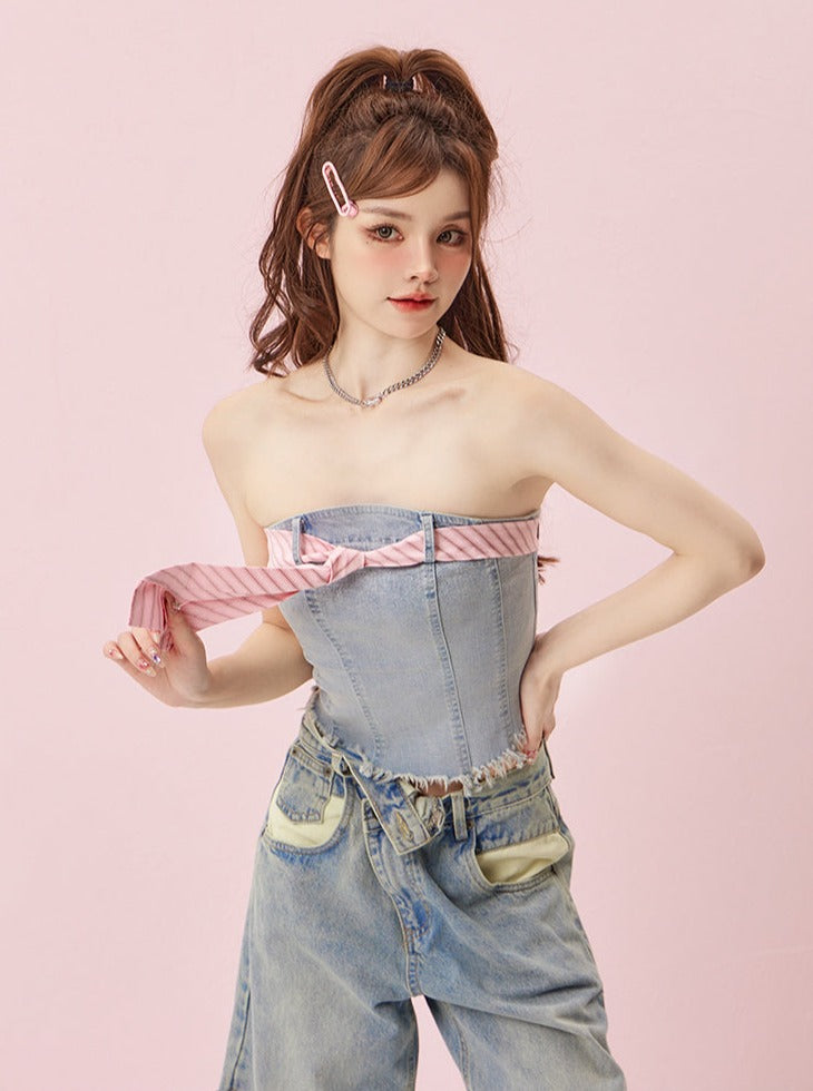 Wash denim tube top with tie