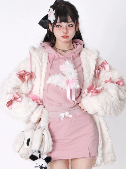 Ribbon Fur Girly Hooded Outerwear