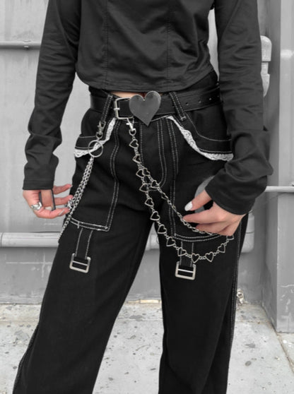 PUNK ROCK BUCKLE EYELET BLACK PANTS + CHAIN ​​HEART BELT