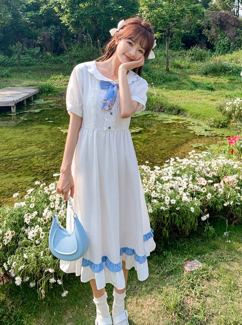 Rabbit Frill Color Ribbon College Long One Piece – Belchic