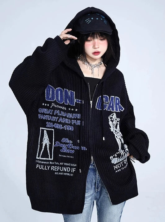 American Retro Letter Print Oversized Hoodie Zip Knit Cardigan