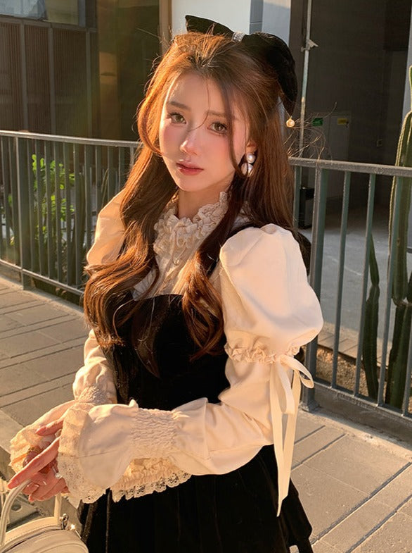 Race Stand Color Puff Ribbon Shoulder Sweet Ruffle Blouse [Long Sleeve Short Sleeve]