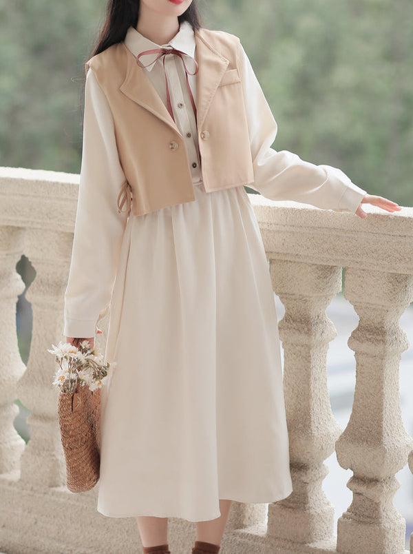 Side Ribbon Short Gilet + Volume Sleeve Ribbon Dress