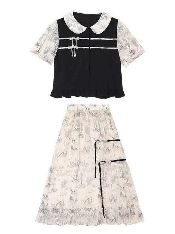Doll Collar Sheer Puff Sleeve Print Chinese-Style Top & Asymmetric Skirt Set
