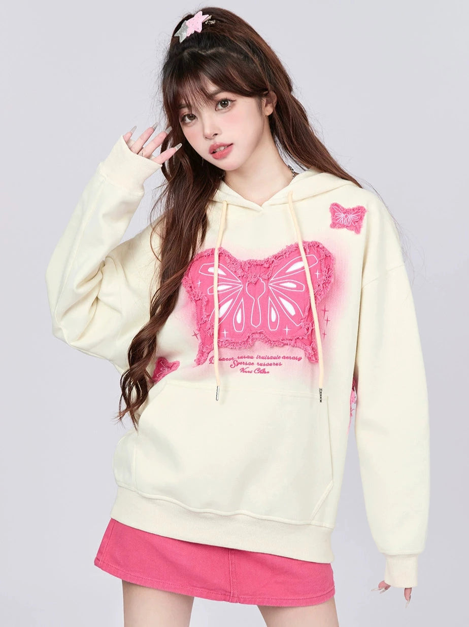 Butterfly Patch Design Hooded Sweatshirt Loose Top