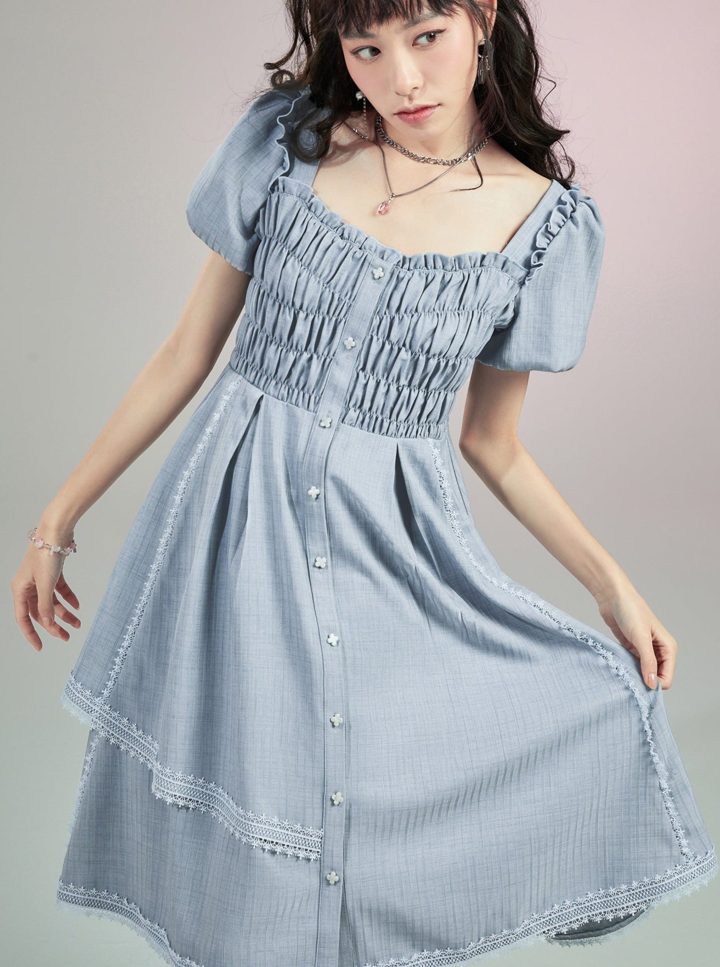 Race layered high waist girl puff sleeve dress