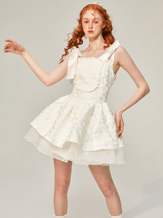 Ribbon Pure White Mini Suspender Dress