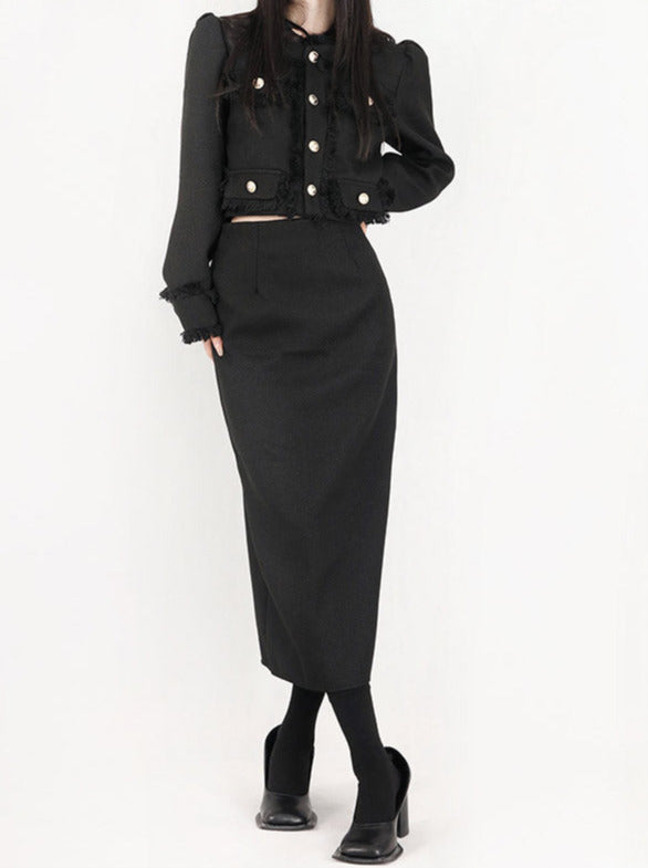 Tweed puff shoulder collarless jacket + back slit skirt setup