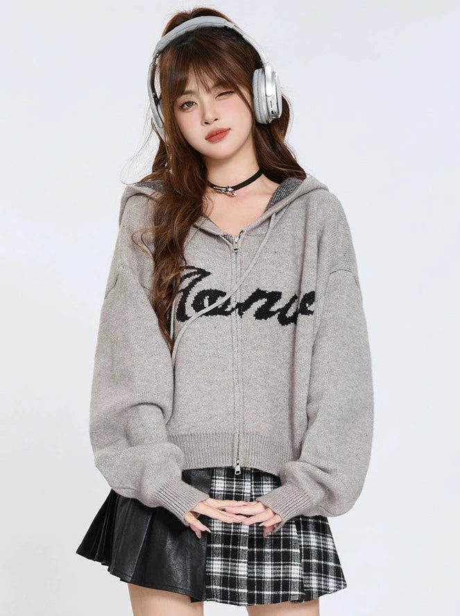 Double Zipper Short Jacket Hooded Knit Cardigan