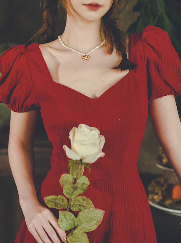 Wine Red Puff Sleeve Crinkle French Dress 