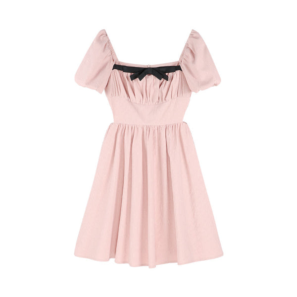 パフスリーブジャカードリボンスクエアカラードレス