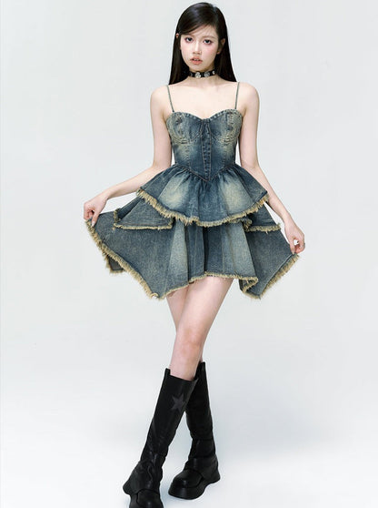 Retro Denim cake skirt dress