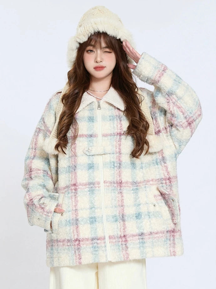 Retro Colorful Check Lapel Lamb Velvet Cotton Coat