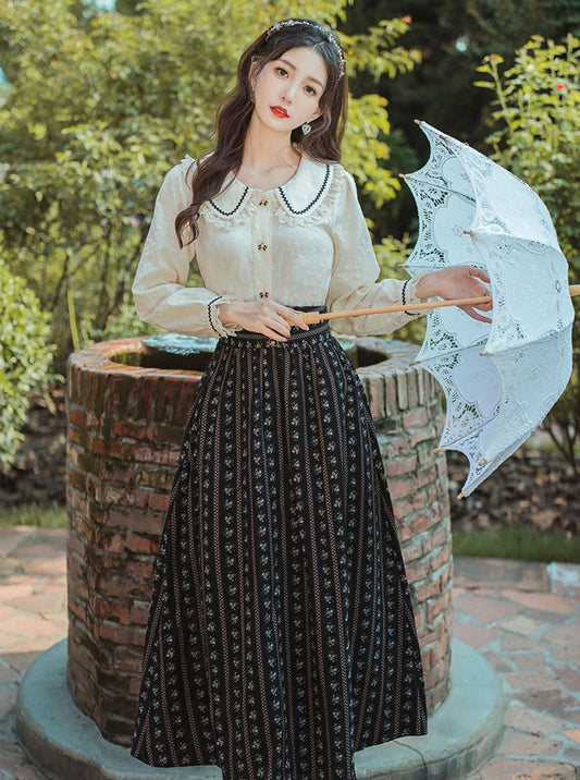 French Lace Collar Blouse + Beautiful Flower Skirt Setup