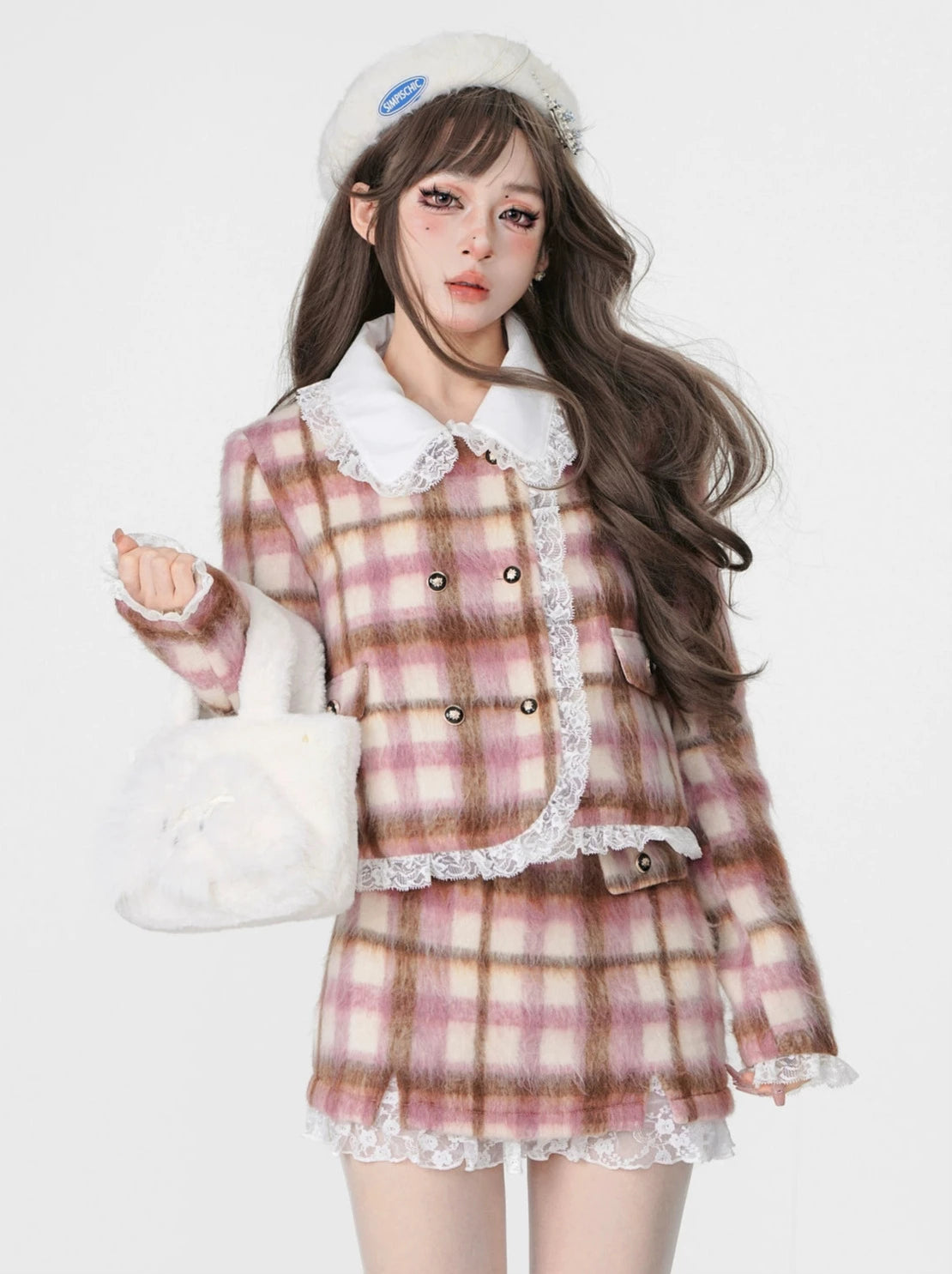 Pink Check Lace Fragrance Style Winter Suit