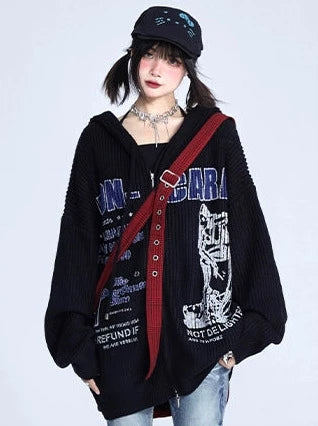 American Retro Letter Print Oversized Hoodie Zip Knit Cardigan