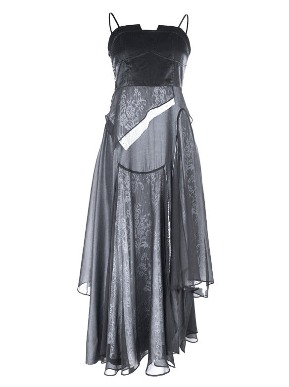 Dark Coolred Splicing Asymmetrical Sling Dress