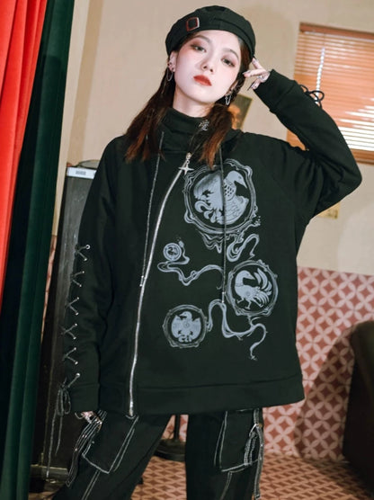 Loose Hooded Casual Diagonal Zipper Velvet Sweatshirt Jacket