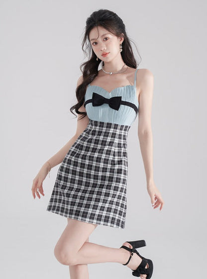 Retro check ribbon dress