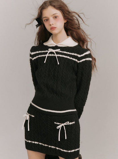 Monochrome ribbon sweater skirt setup