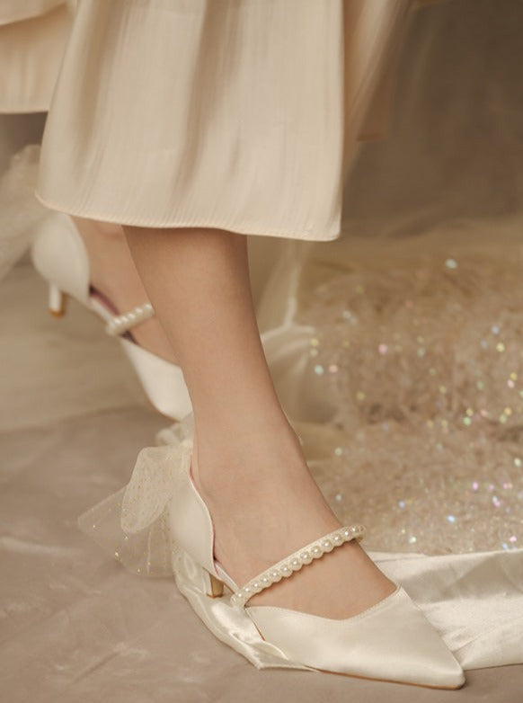 Pearl back mesh ribbon shoes