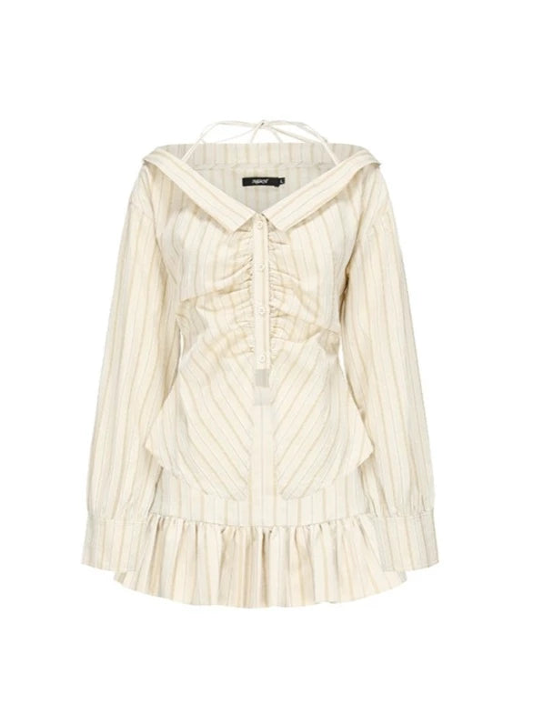 Halter Neck Stripe Lapel Pleated Shirt + Lace Splicing Skirt