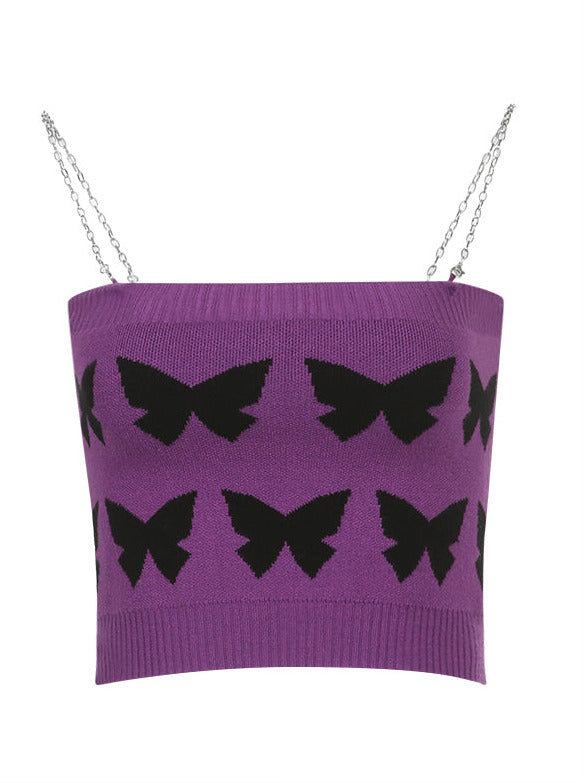 Sweet Spicy Purpul Bata Fly Chain Suspender Knit Tops