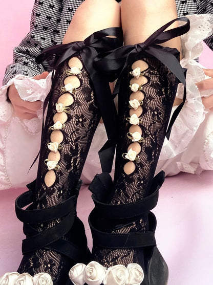 Rose Ribbon Lace Lolita High Socks