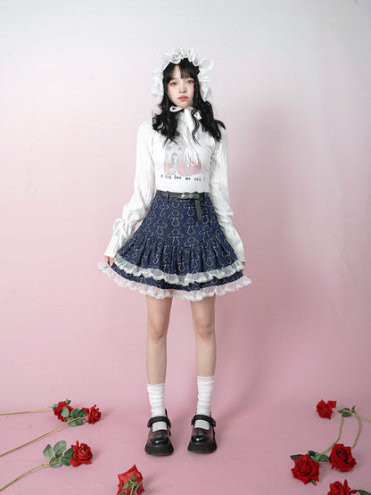 Butterfly Cross Jacquard Denim Lace Short Skirt