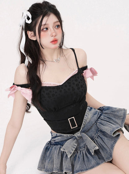 Girly One Shoulder Jaccard Black Suspender Tops