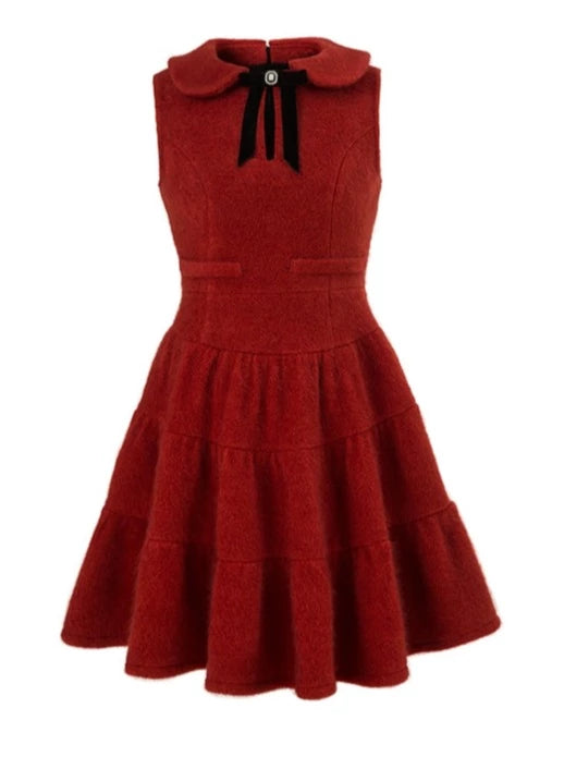 Hot Wine Wool Velvet Doll Collar Dress