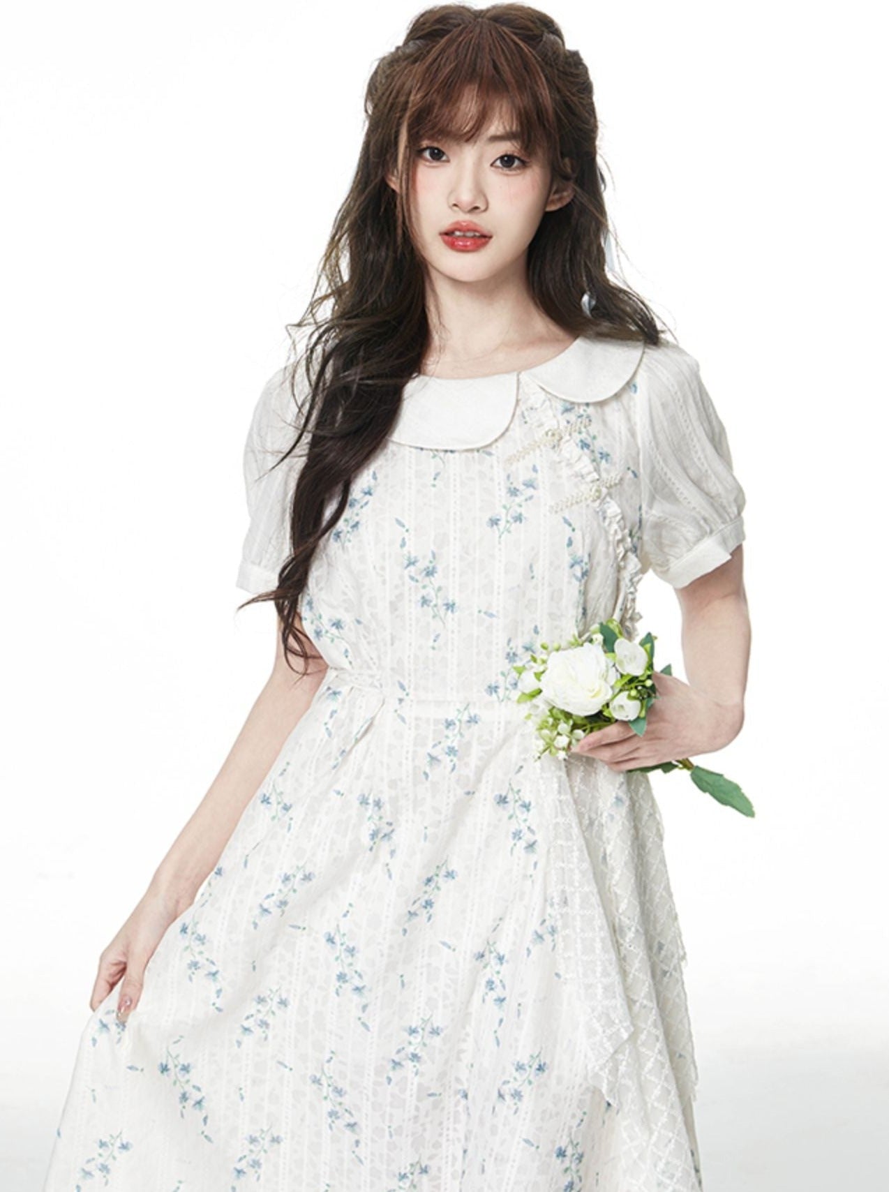 Flower fake two -piece lace dress