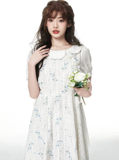 Flower fake two -piece lace dress