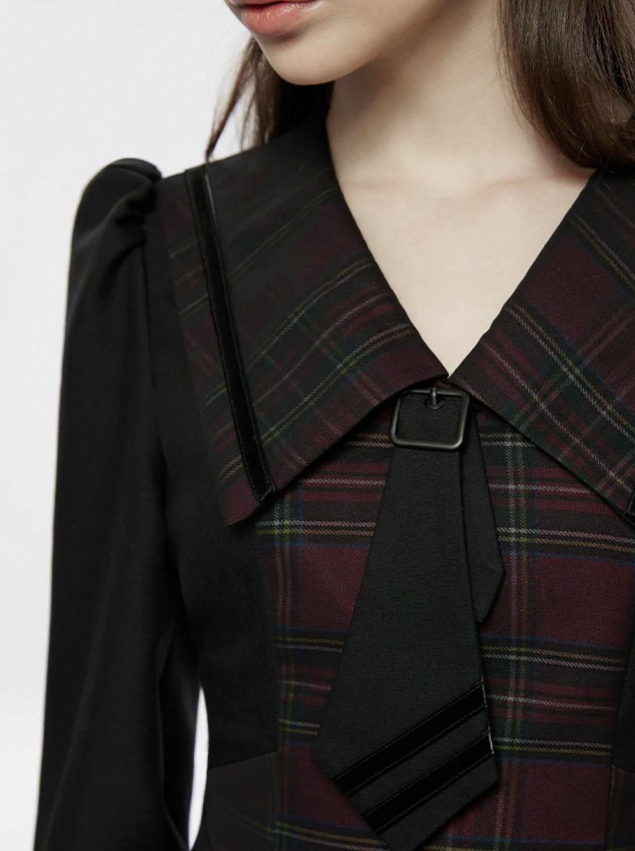 Retro Check Volume Sleeve Tie French Dress