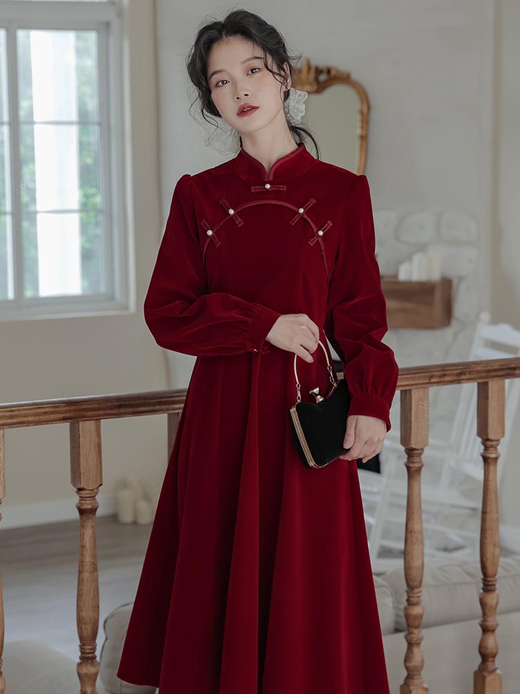 wine red cheongsam dress