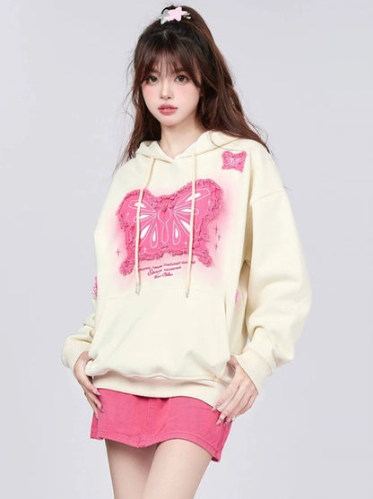 Butterfly Patch Design Hooded Sweatshirt Loose Top