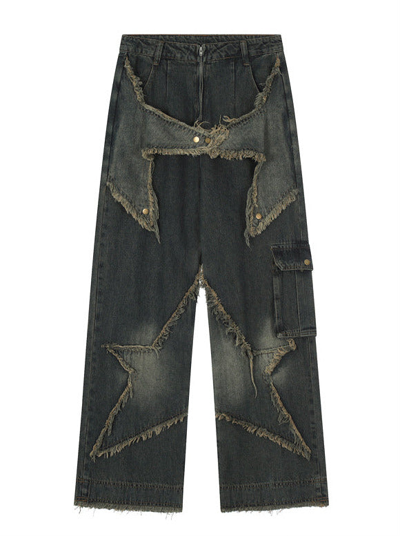 Retro design star patch old straight denim pants