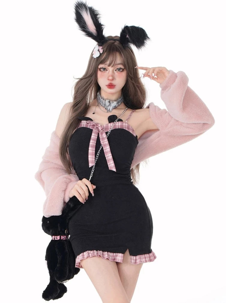 Bear Design Cute Check Bow Suspender Dress