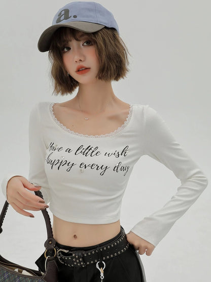 American Logo Lace Neck Slim Short Top