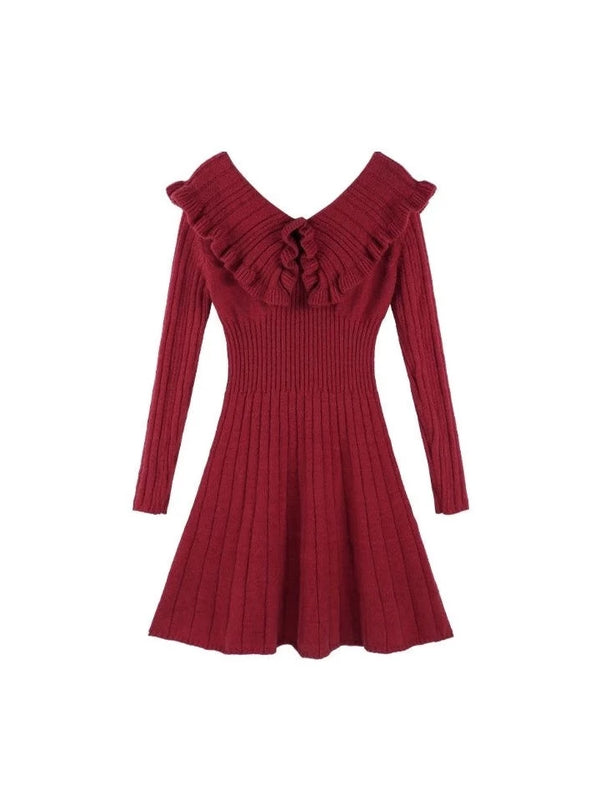 Volume Frill V-Neck Ribbed Knit Dress