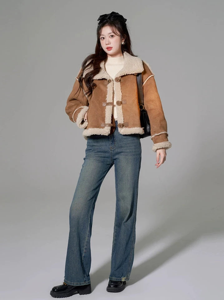 Brown Splicing Mouton Fur Short Coat